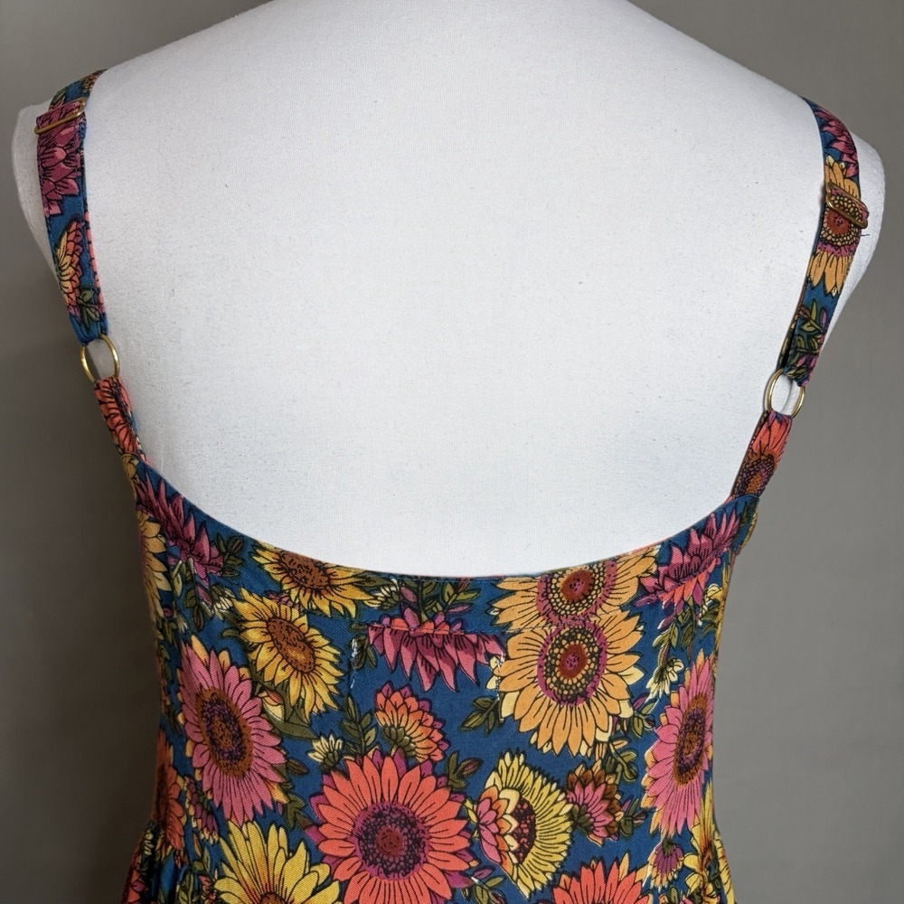 Natural Life Patti Maxi Dress L Teal Sunflower Tie Front Empire Waist Side Slit - Picture 7 of 9